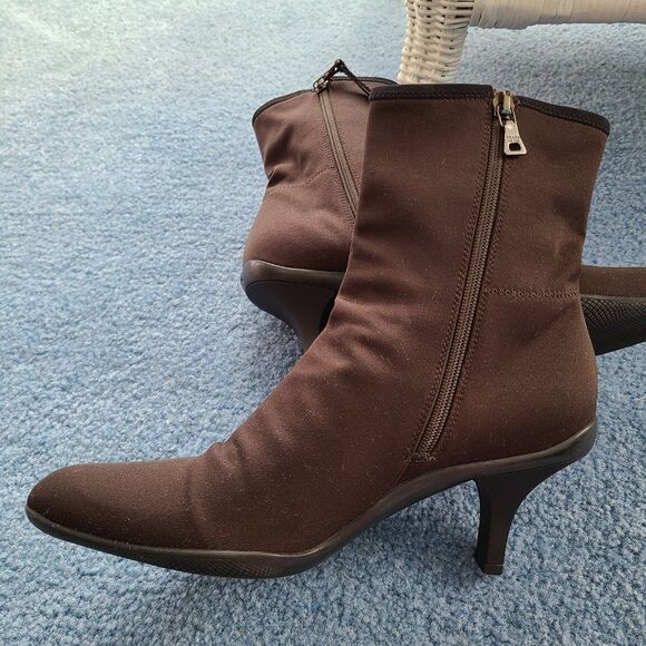 Prada Vintage BROWN Booties Nylon Sateen Spellout Logo Block Ankle Kitten Heel - Picture 7 of 15
